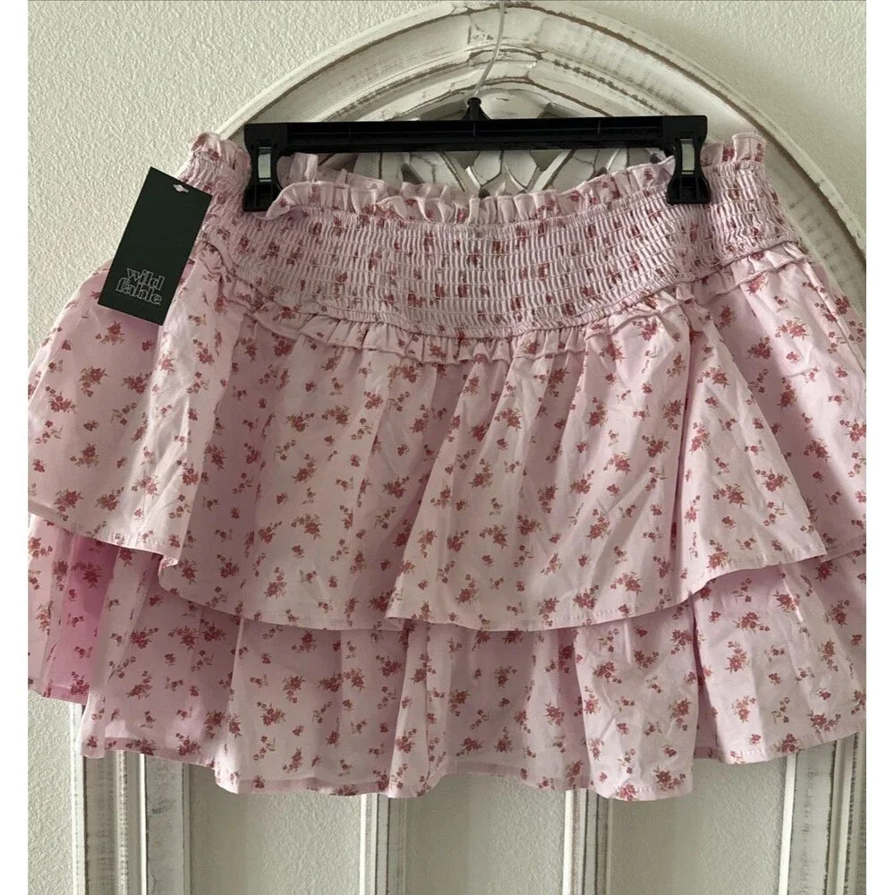 Pink Floral Smocked Tiered Mini Skort Women's XXS Ruffle Built-In Shorts NWT